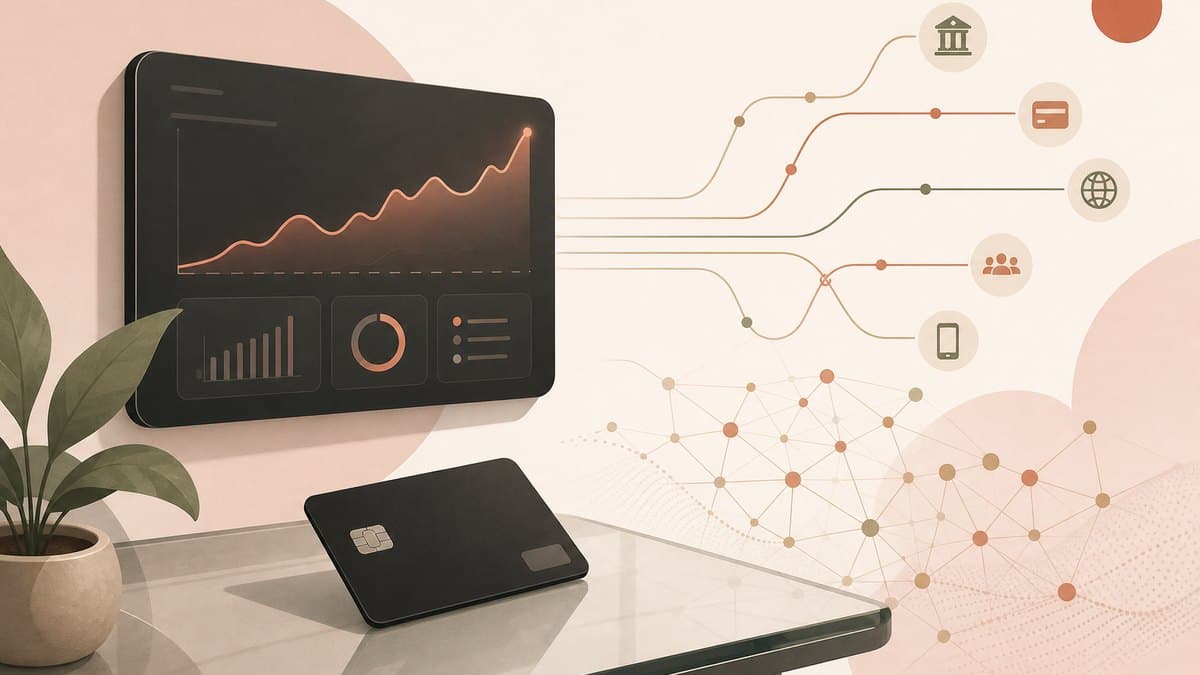 Editorial illustration of a black corporate card on a glass desk beside a glowing transaction dashboard, branching payment rails, and abstract neural-network nodes representing an AI-native fintech