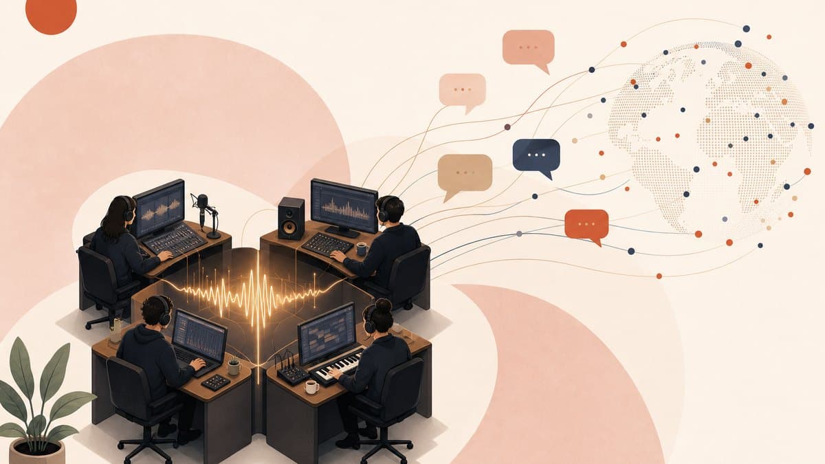 A glowing audio waveform threading through a tight ring of connected desks, with signal lines flowing out to speech bubbles and a globe of scattered points, in amber and indigo, no people or text