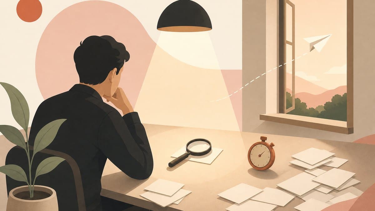 A spotlit desk with a magnifying glass over a single card, a stopwatch, and a paper airplane flying toward a window, symbolizing ruthless startup focus.