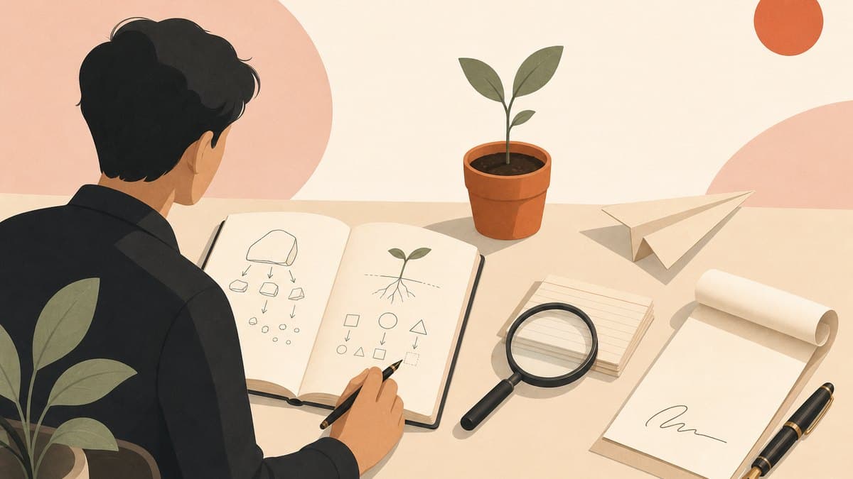 Flat editorial illustration of an essay notebook with hand-drawn diagrams, a small orange seedling in a pot, a magnifying glass over index cards, a paper airplane, and a rolled document with a fountain pen, in a warm cream and orange palette.
